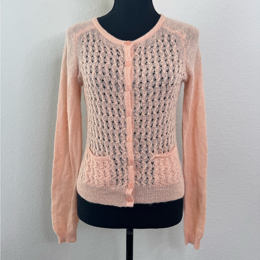 Anthropologie Guinevere Peach Mohair Blend Cardigan Sweater Women’s S Romantic